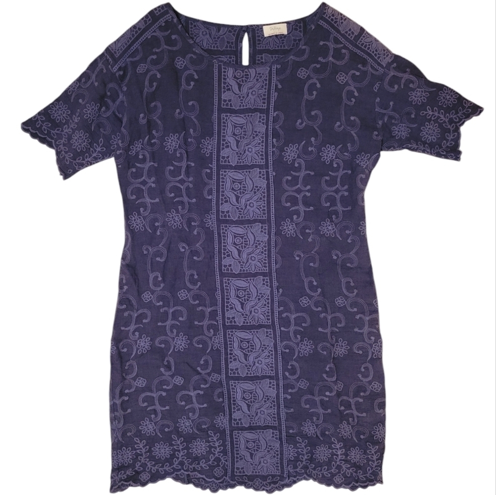 Wrap London 100% Linen Embroidered Peasant Lagenlook Blue‎ Shift Dress US Size 8